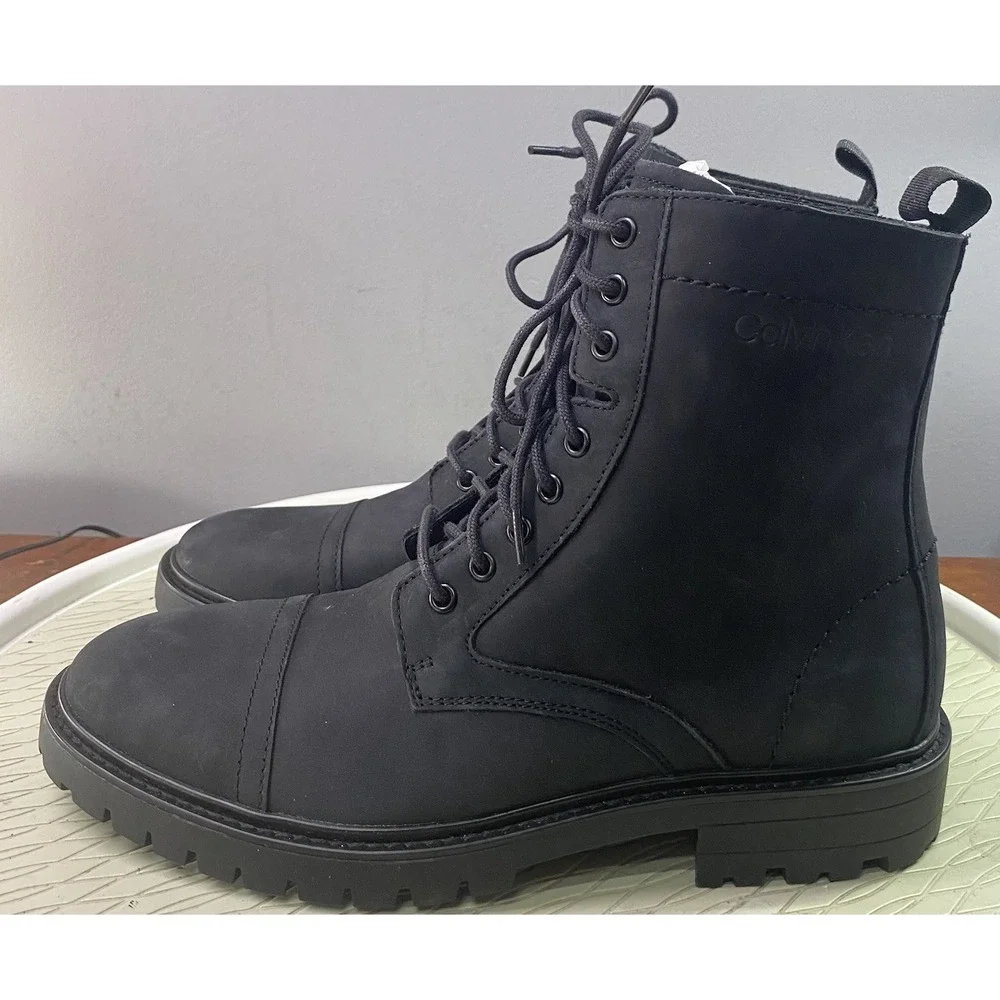 Calvin Klein Men Lorenzo Leather Lace Up Black Ankle Combat Boots Black Biker 8M